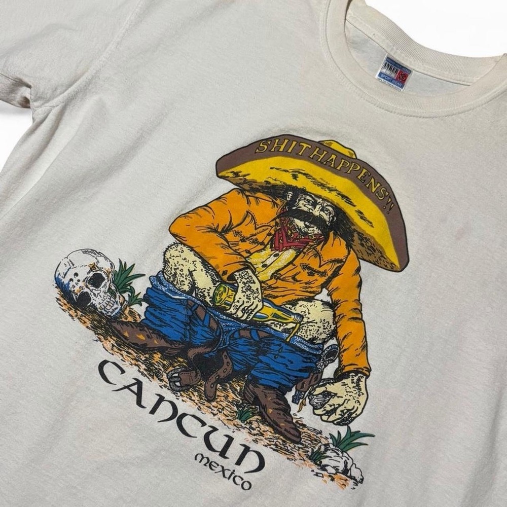 Vintage 90s Cancun Mexico Souvenir Poop Happens Funny Joke Graphic T-shirt XL - Picture 3 of 8